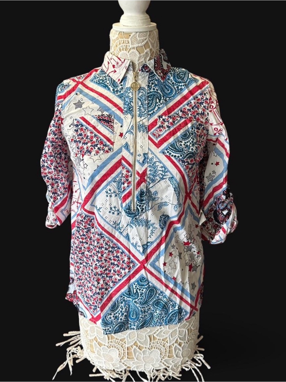 Tommy Hilfiger Red White Blue Patchwork Bandana Print Pullover Blouse